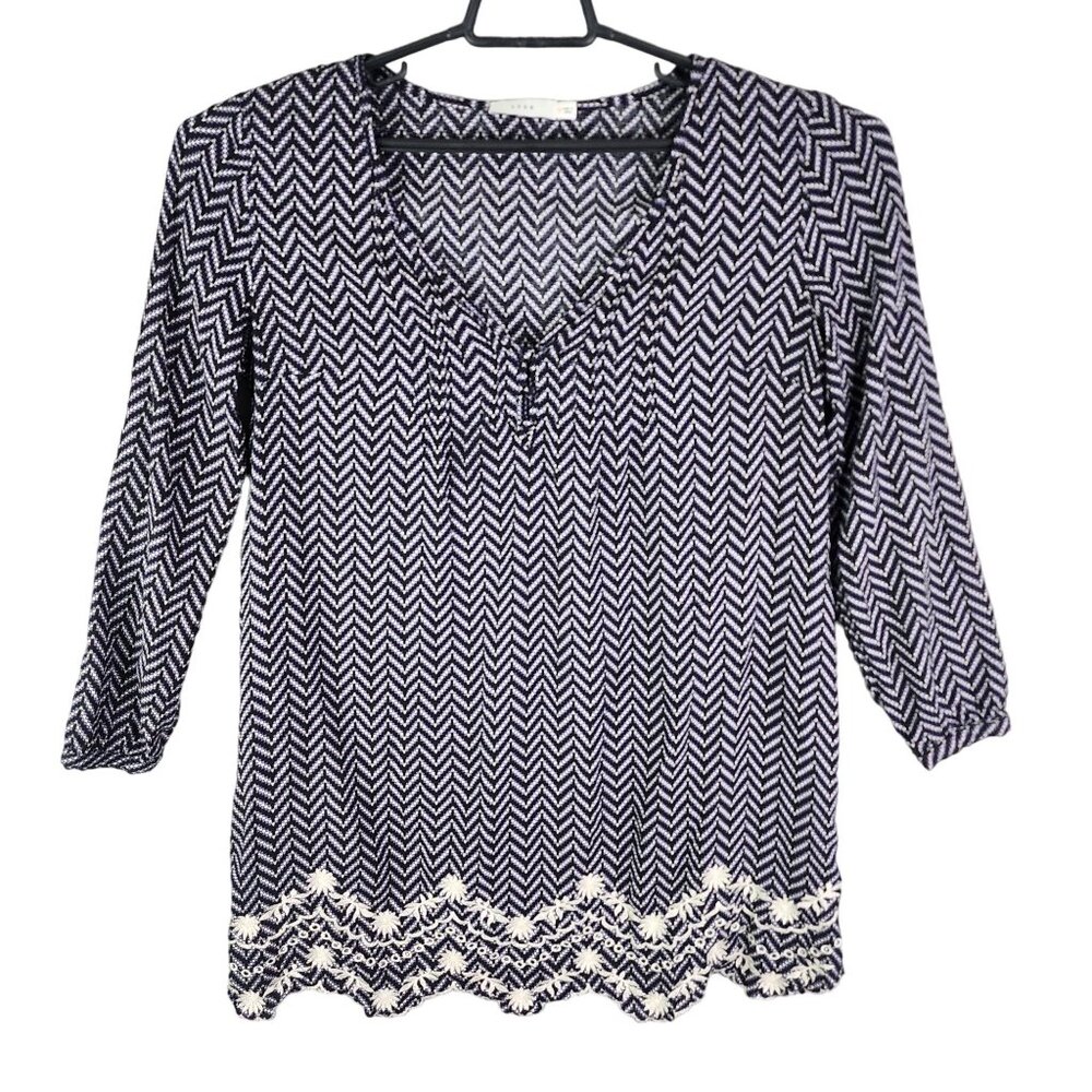 Women's Lush Chevron Black White & Purple Pattern Blouse Top 3/4 Sleeves Size M